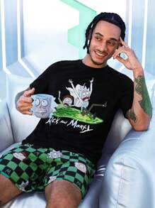 Rick and Morty X SHEIN Men's Funny Cartoon Pattern Short Sleeve Top And Checkerboard Shorts Pajama Set, Comfortable Fabric For Everyday Wear