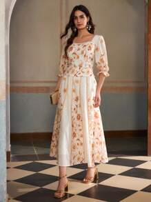 ZEYLAH Floral Print Embroidered Square Collar Lantern Sleeve Women Shirt - White - View 5