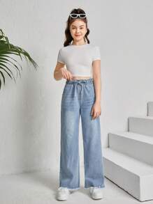 SHEIN Teen Girls Drawstring Waist Raw Hem Wide Leg Jeans - Light Wash - View 5