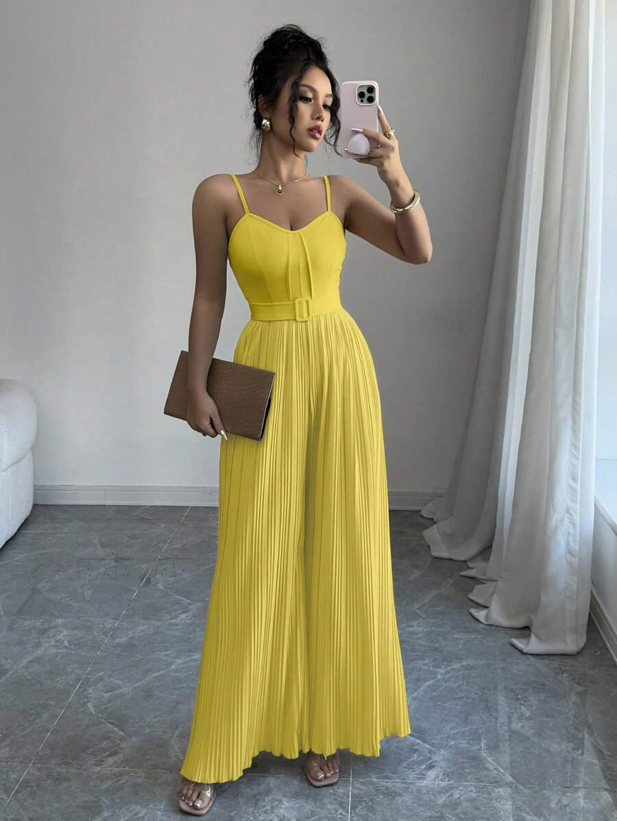 Elenzga Women's Fashion Ruched Camisole Jumpsuit, Spring/Summer - Yellow - View 1