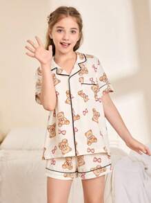 可爱熊印花春季睡衣套装（适合大女孩） - 彩色 - 查看 3