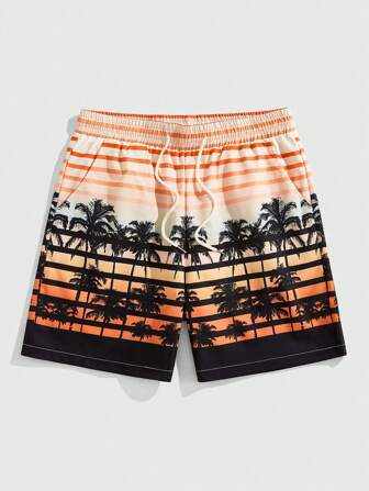 Street Life Shorts d'été de plage pour hommes avec cordon de serrage à la taille, imprimés de cocotiers et de rayures dégradées