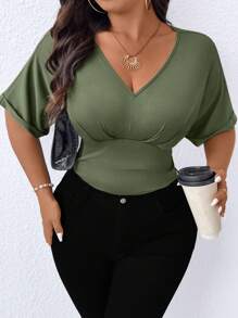 SHEIN Clasi 大码女式度假休闲露肩紧身衣 - 軍綠色 - 查看 5