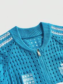 ROMWE MEN Street Life 男士刺绣图案宽松针织衬衫，针织短袖上衣 - 藍色 - 查看 6