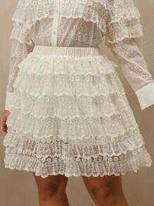 Anewsta Plus Size Heavy Beaded Ruffle Lace Solid Color High Waist A-Line Mini Skirt - Beige - View 4