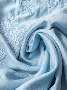 Linhara 圆领七分袖刺绣娃娃风休闲衬衫