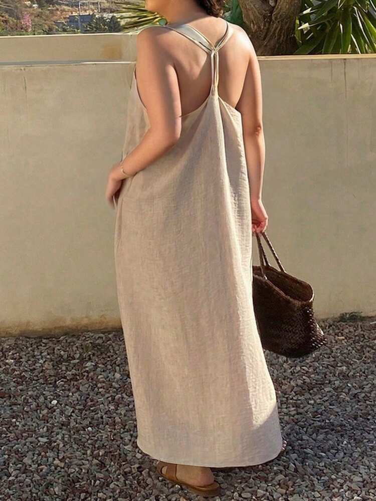 Dazy Plus Solid Color Loose Vacation Style Spaghetti Strap Long Dress