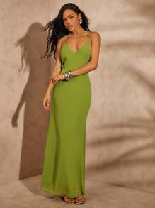 Hauture 性感夏夜度假橄榄绿 V 领吊带系带围脖后背长裙 - 綠色 - 查看 4