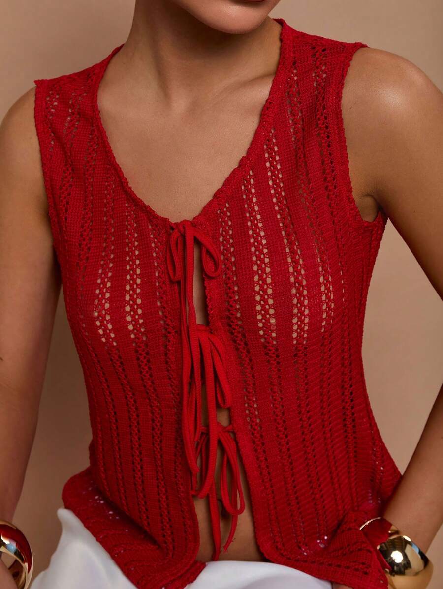 COSMINA Women Solid Color Hollow Out Lace-Up Camisole Top - Red - View 1