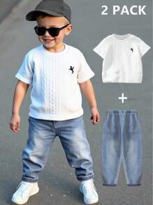 SHEIN 2pcs/Set Young Boy Fashion Versatile White Patterned Knit Fabric Embroidered Decor Round Neck Short Sleeve Top & Elastic Waist Real Denim Wash Long Pants Set, Suitable For Outdoor, Vacation, Shopping, Party, Photo Shooting - White - View 1