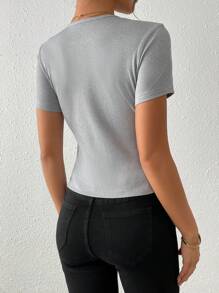 SHEIN LUNE Damen T-Shirt Einfarbig mit kurzen Ärmeln, modisch für den Sommer - Hellgrau - Übersicht 2