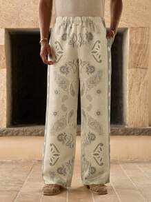Anewsta Men's Casual Retro Cashew Flower Print Wide Leg Pants