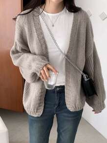 DAZY Áo khoác cardigan dệt kim khoét lỗ tối giản màu trơn cho nữ, áo khoác tay ba phần tư mùa thu, đông - Xám - Xem 3
