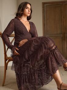 Anewsta 大码女式蕾丝长袖 A 字长裙，优雅适合节日、度假、假日和休闲装，春夏季 - 棕色 - 查看 7