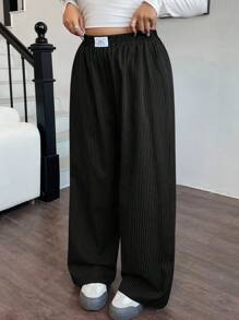 SHEIN EZwear 大码女式黑色字母印花宽松休闲阔腿裤 - 黑色 - 查看 3