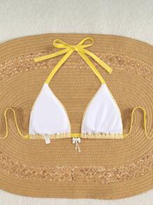 Swim Mod Plus Size Women Summer Textured Fabric Bikini Top With Bowknot And Pearl Decor - Multicolor - View 3