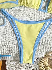 Swim Mod 2025新款女式印花三角比基尼上衣带网眼拼接比基尼套装休闲性感沙滩度假夏装