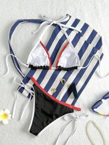 Swim Mod Women's Summer Beach Vacation Contrast Binding Halter Bikini Set - Black - View 2