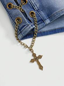 ROMWE Avant Gal Style Distressed Vintage Washed Cross Metal Side Decor Low Waist Mini Shorts - Blue - View 4