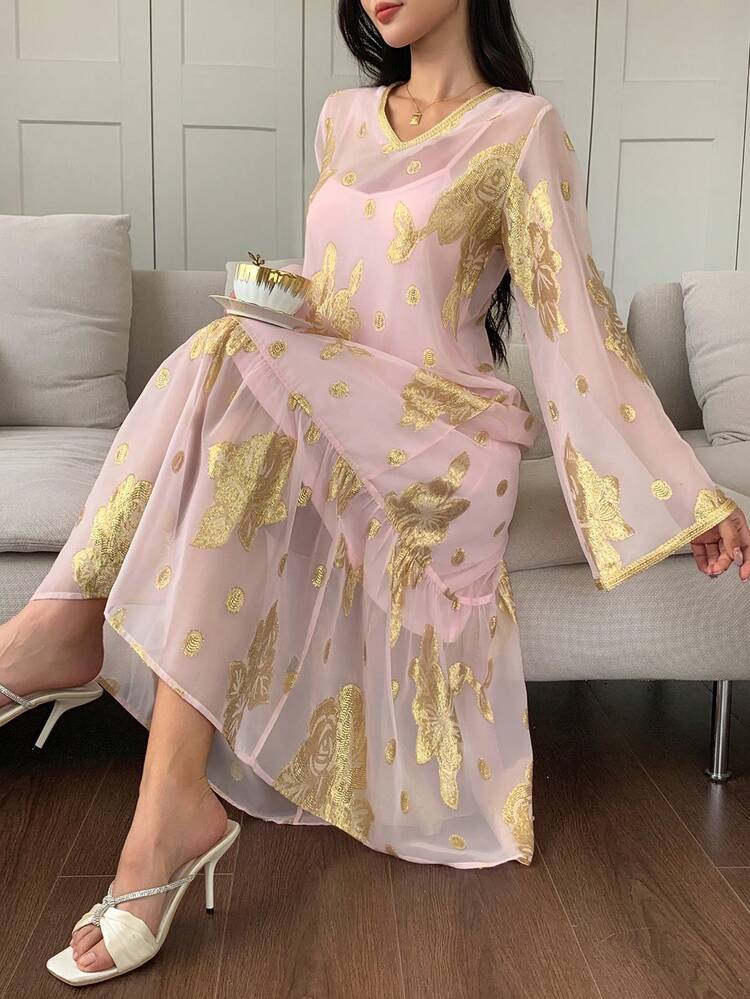 Gold Floral Jacquard Mesh Women's Nightgown Pajama Dress