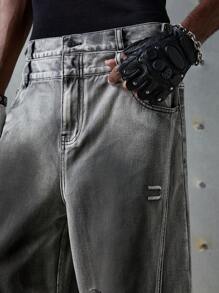 NEON BLANC Men's Loose Fit Long Black Embroidered Gradient Woven Jeans, Streetwear Style