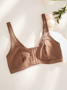 1 件装休闲风格前扣式无钢圈不可调节肩带女士文胸 - 卡其色 - 查看 5