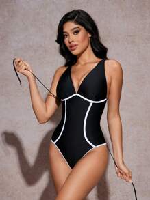 SHEIN Swim 女式收腹露背吊带连体泳衣，带抽绳，黑白条纹，优雅休闲，适合春夏季度假、海滩、派对 - 黑與白 - 查看 7