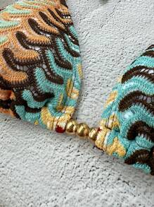 Swim Vcay Women's Open-Knit Brown Earthy Tone Yellow & Gold Beaded Swimsuit Top, Elegant Casual For Spring Summer Beach Party Holiday Festival - Multicolor - View 4