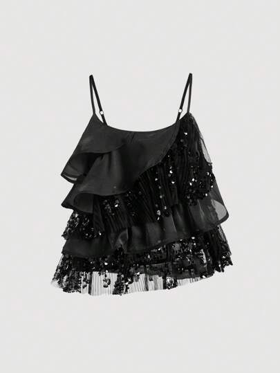 SHEIN MOD Top de camisola con volantes y decoración de lentejuelas para mujer, negro, para fiestas, festivales de música electrónica, citas, carnavales, salidas, tops de verano para mujer