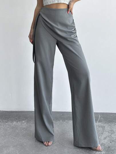 Firerie 女士休闲度假日常休闲优雅深灰色常规腰部二合一连体裤长款宽松直筒裤