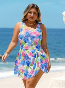 Swim Lushoire Plus Size Women Swimsuit Dress With Colorful Leaf Print, Beach Holiday For Summer Beach Vacation