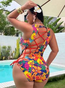 Swim SXY 1 件大码女式热带印花海滩度假连体泳衣 - 彩色 - 查看 2