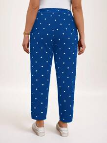 SHEIN LUNE Plus Size Women Polka Dot Print Casual Pants With Pockets And Side Slits Vacation New Years Winter Valentine Day Business Casual - Blue - View 2