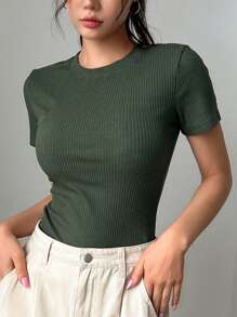 DAZY Women Fashionable Slim Fit Solid Color Short Sleeve T-Shirt Preppy Tops - Dark Green - View 6