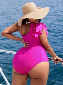 Slaydiva 1 Pc Plus Size Solid Color Knitted Fabric Wide Strap Double Ruffle Trim Backless Slimming Casual Swimsuit - Hot Pink - View 2