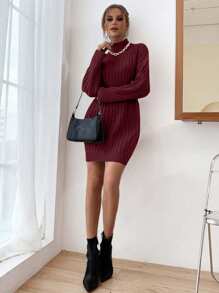 EURMUSE Solid Color Turtleneck Ribbed Knit Elegant And Fashionable Long Sleeve Sweater Dress - Burgundy - View 6