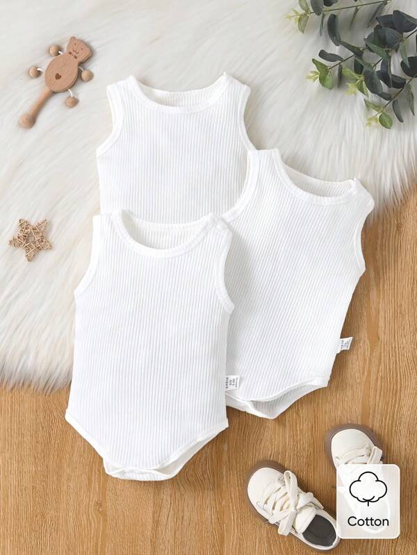 SHEIN Vintaside Kids 3pcs Baby Unisex Casual 3 Pieces Set Including Vest Rompers, White, Black, Modle Blue, Soft & Comfortable Fabric, Suitable For Vacation, Travel, School, Daily Events, Spring/Summer Festival