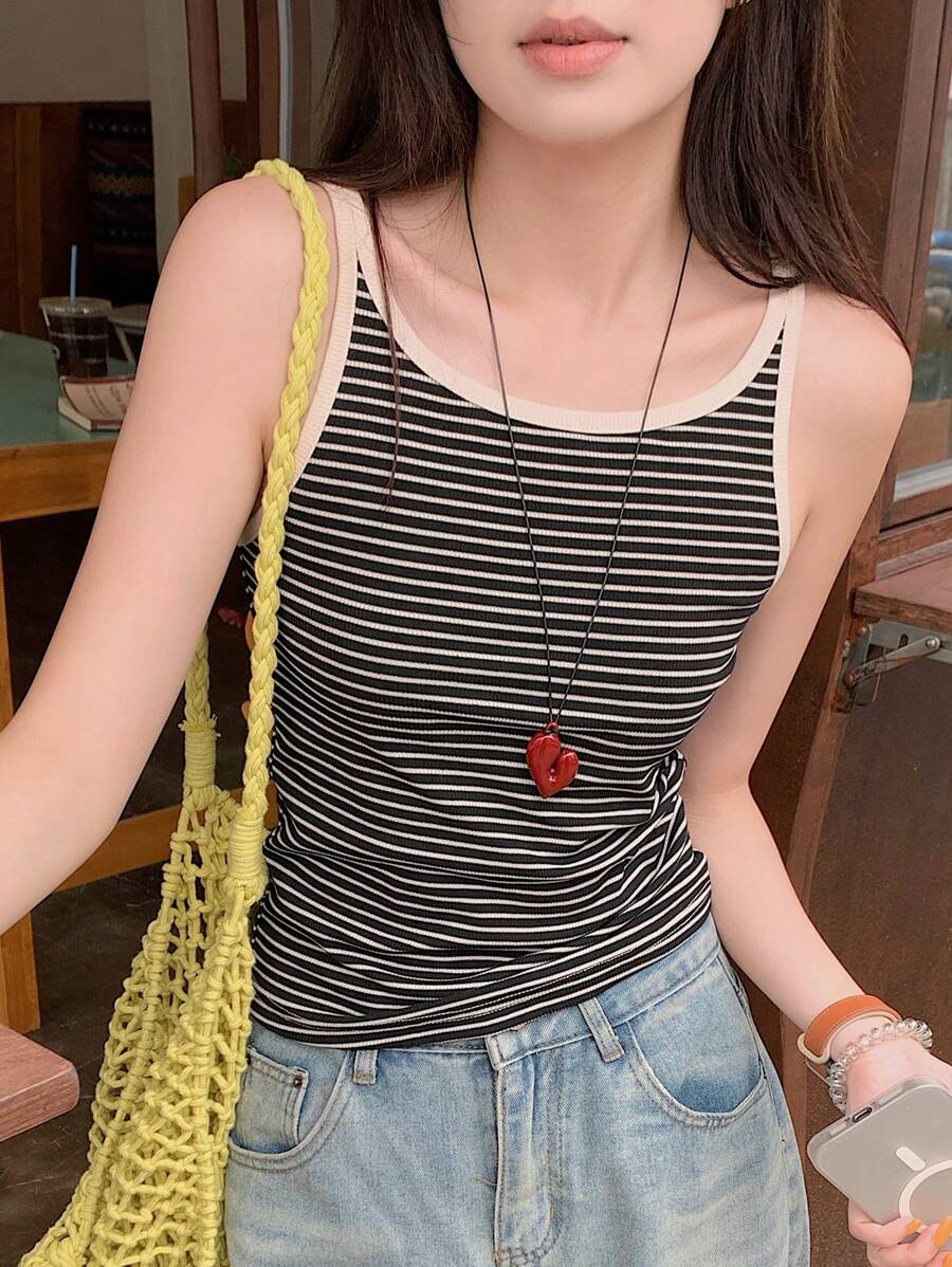 DAZY Women Striped Sleeveless Tank Top, Fashionable For Summer - Black and White - View 1
