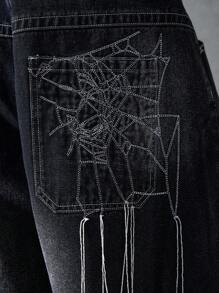 NEON BLANC Men's Streetwear Woven Spider Embroidered Denim Shorts - Black - View 5