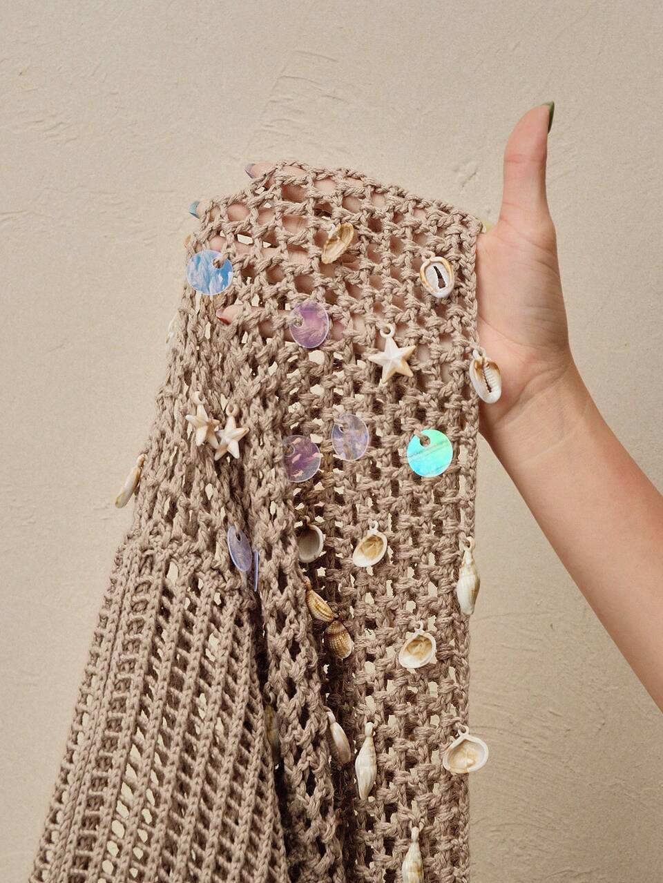 Women's Summer Knitted Hollow-Out Long Sleeve Cover-Up Dress, Luxurious Sparkling Hem Party Dress
