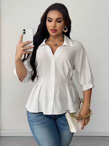 Maweii 加大码纯色翻领褶饰腰部优雅衬衫 - 白色 - 查看 4