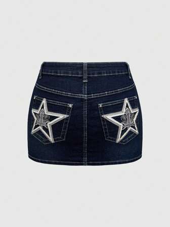 J-Fashion Y2K Style Low Waist Denim Skirt With Star Embroidery And Rhinestone Decoration For Women