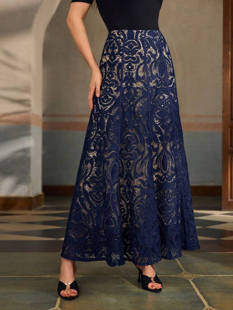 ZEYLAH Saia Longa de Verão Elegante com Barra de Renda Transparente para Mulheres