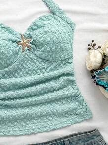 Soleia 女士V领花卉金属扣系带上衣，白色针织纹理修身款，适合度假、音乐节、波西米亚风、假日和下午茶约会。 - 淺藍色 - 查看 5