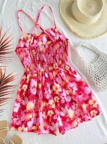 SHEIN Monos informales para niñas preadolescentes con estampado floral, lazo trenzado y tirantes cruzados