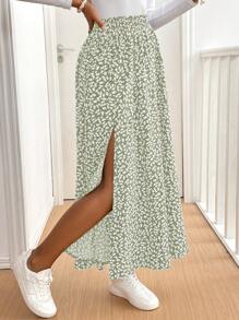 SHEIN Frenchy Women Ditsy Floral Slit Frill Trim Casual Maxi Skirt Summer Green - Green - View 3