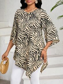 SHEIN Lady 动物印花不对称下摆女式衬衫上衣适合春夏休闲度假 - 彩色 - 查看 4