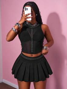 Slaydiva Conjunto de 2 piezas de mujer 2025 de estilo retro Y2K, punk y casual de verano con top de malla transparente de escote redondo sin mangas con detalles de cutíes, y falda plisada con diseño de tejido negro en forma de A - Negro - Ver 4