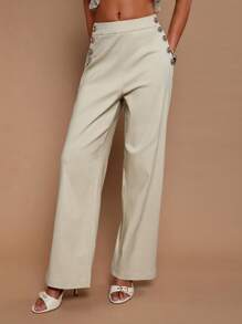 COSMINA Women's Solid Color Side Slit Elegant Office Wide Leg Pants - Beige - View 4