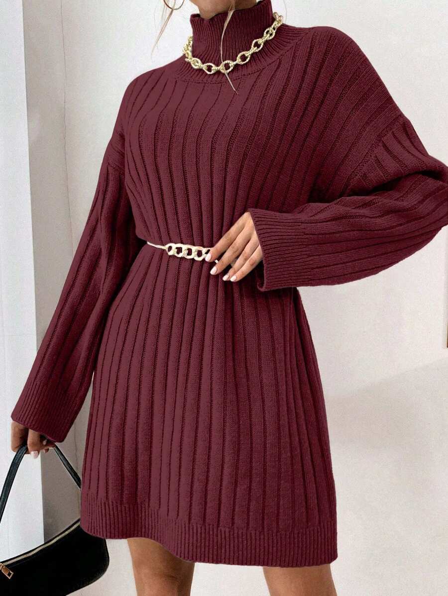 EURMUSE Solid Color Turtleneck Ribbed Knit Elegant And Fashionable Long Sleeve Sweater Dress - Burgundy - View 1
